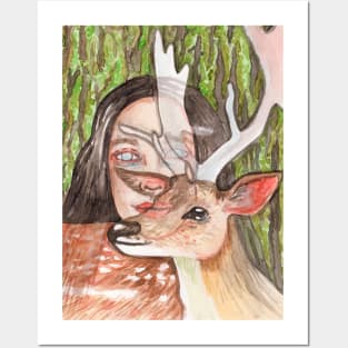 Woman and deer Posters and Art